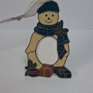 Vintage Snowman Christmas Ornament Photo Frame Metal Enamel Holiday Decor Gifts